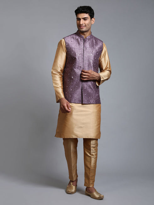 Vastramay Men's Purple Embellished Jacket with Rose Gold Kurta Pant Set