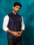 Vastramay Men's Navy Blue Woven Nehru Jacket