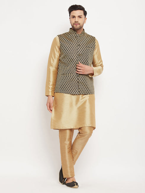 Vastramay Men's Black Ethnic Jacket With Rose Gold Silk Blend Kurta and Pant Style Pyjama Set