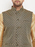 Vastramay Men's Black Ethnic Jacket With Rose Gold Silk Blend Kurta and Pant Style Pyjama Set