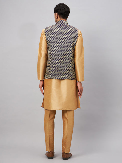 Vastramay Men's Blue Ethnic Jacket With Rose Gold Silk Blend Kurta and Pant Style Pyjama Set