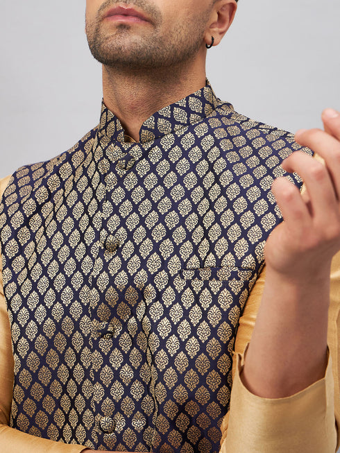 Vastramay Men's Blue Ethnic Jacket With Rose Gold Silk Blend Kurta and Pant Style Pyjama Set