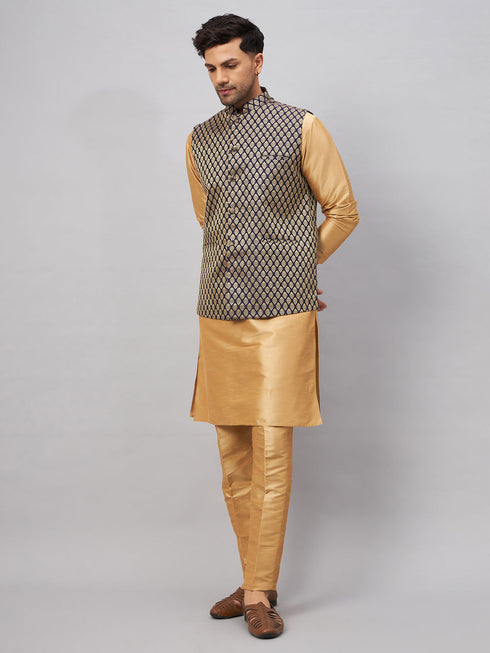 Vastramay Men's Blue Ethnic Jacket With Rose Gold Silk Blend Kurta and Pant Style Pyjama Set