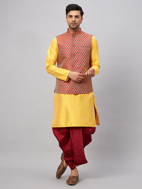 Vastramay Men's Maroon Woven Ethnic Jacket, Yellow Kurta and Maroon Dhoti Pant Set