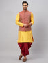 Vastramay Men's Maroon Woven Ethnic Jacket, Yellow Kurta and Maroon Dhoti Pant Set