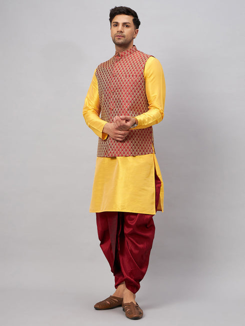 Vastramay Men's Maroon Woven Ethnic Jacket, Yellow Kurta and Maroon Dhoti Pant Set
