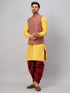 Vastramay Men's Maroon Woven Ethnic Jacket, Yellow Kurta and Maroon Dhoti Pant Set