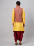 Vastramay Men's Maroon Woven Ethnic Jacket, Yellow Kurta and Maroon Dhoti Pant Set