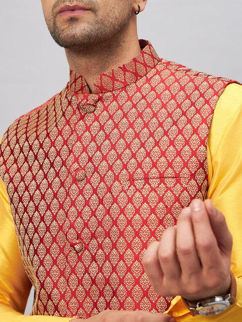 Vastramay Men's Maroon Woven Ethnic Jacket, Yellow Kurta and Maroon Dhoti Pant Set