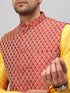 Vastramay Men's Maroon Woven Ethnic Jacket, Yellow Kurta and Maroon Dhoti Pant Set