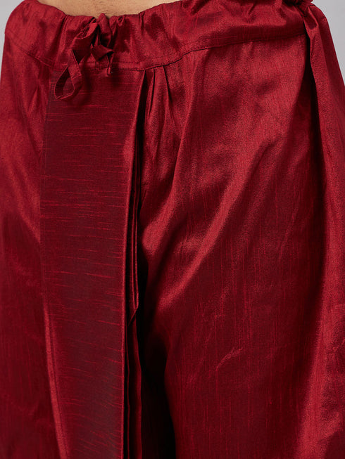 Vastramay Men's Maroon Woven Ethnic Jacket, Yellow Kurta and Maroon Dhoti Pant Set
