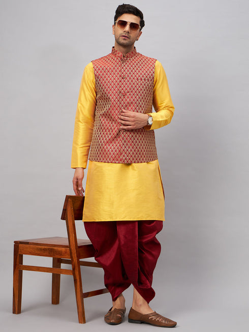 Vastramay Men's Maroon Woven Ethnic Jacket, Yellow Kurta and Maroon Dhoti Pant Set