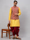 Vastramay Men's Maroon Woven Ethnic Jacket, Yellow Kurta and Maroon Dhoti Pant Set
