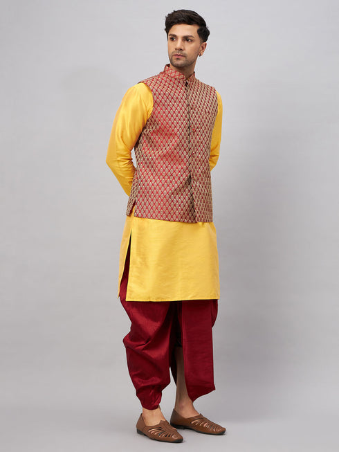 Vastramay Men's Maroon Woven Ethnic Jacket, Yellow Kurta and Maroon Dhoti Pant Set