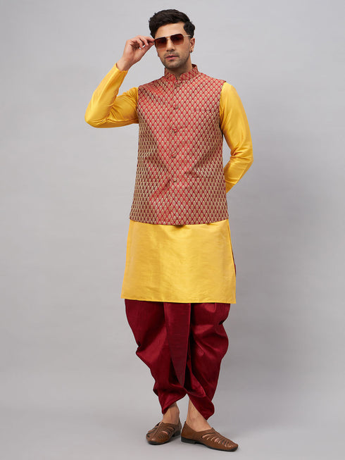 Vastramay Men's Maroon Woven Ethnic Jacket, Yellow Kurta and Maroon Dhoti Pant Set