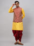 Vastramay Men's Maroon Woven Ethnic Jacket, Yellow Kurta and Maroon Dhoti Pant Set