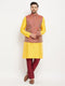 Vastramay Men's Maroon Woven Ethnic Jacket, Yellow Kurta and Maroon Pant Style Pyjama Set