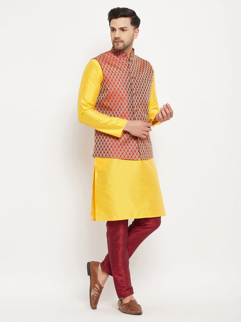 Vastramay Men's Maroon Woven Ethnic Jacket, Yellow Kurta and Maroon Pant Style Pyjama Set