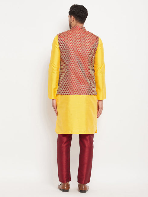 Vastramay Men's Maroon Woven Ethnic Jacket, Yellow Kurta and Maroon Pant Style Pyjama Set