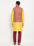 Vastramay Men's Maroon Woven Ethnic Jacket, Yellow Kurta and Maroon Pant Style Pyjama Set