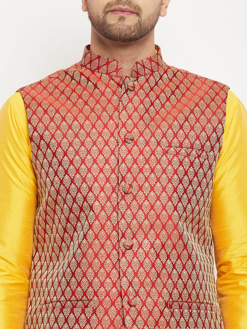 Vastramay Men's Maroon Woven Ethnic Jacket, Yellow Kurta and Maroon Pant Style Pyjama Set