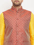 Vastramay Men's Maroon Woven Ethnic Jacket, Yellow Kurta and Maroon Pant Style Pyjama Set