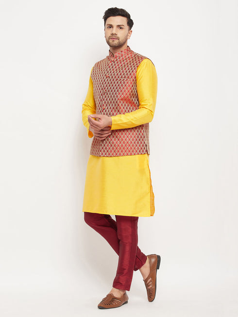 Vastramay Men's Maroon Woven Ethnic Jacket, Yellow Kurta and Maroon Pant Style Pyjama Set