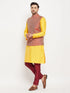 Vastramay Men's Maroon Woven Ethnic Jacket, Yellow Kurta and Maroon Pant Style Pyjama Set