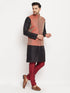 Vastramay Men's Maroon Silk Blend Ethnic Jacket, Black Kurta and Maroon Pant Style Pyjama Set