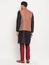 Vastramay Men's Maroon Silk Blend Ethnic Jacket, Black Kurta and Maroon Pant Style Pyjama Set