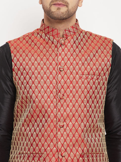 Vastramay Men's Maroon Silk Blend Ethnic Jacket, Black Kurta and Maroon Pant Style Pyjama Set