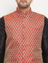 Vastramay Men's Maroon Silk Blend Ethnic Jacket, Black Kurta and Maroon Pant Style Pyjama Set
