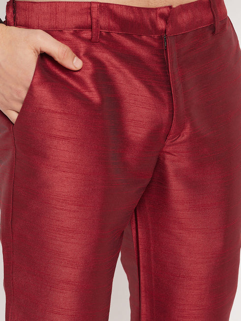 Vastramay Men's Maroon Silk Blend Ethnic Jacket, Black Kurta and Maroon Pant Style Pyjama Set