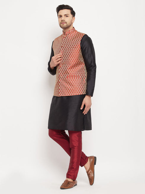 Vastramay Men's Maroon Silk Blend Ethnic Jacket, Black Kurta and Maroon Pant Style Pyjama Set