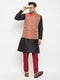 Vastramay Men's Maroon Silk Blend Ethnic Jacket, Black Kurta and Maroon Pant Style Pyjama Set