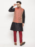 Vastramay Men's Maroon Silk Blend Ethnic Jacket, Black Kurta and Maroon Pant Style Pyjama Set