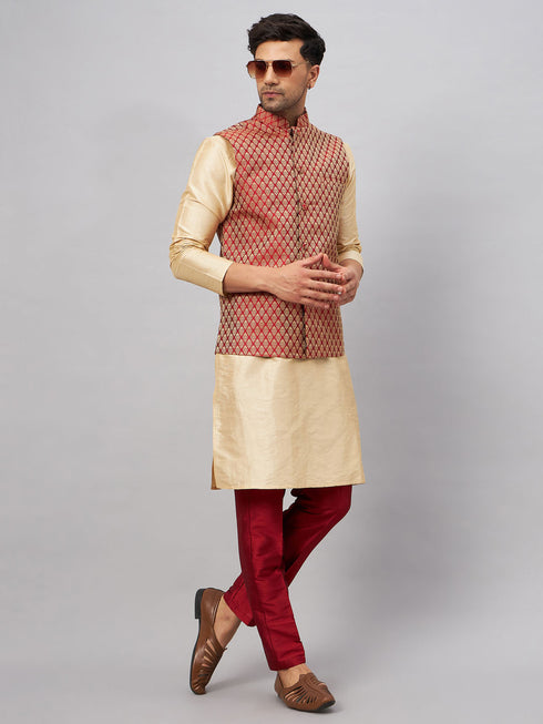 Vastramay Men's Maroon Silk Blend Ethnic Jacket With Gold Kurta and Maroon Pant Style Pyjama Set
