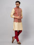 Vastramay Men's Maroon Silk Blend Ethnic Jacket With Gold Kurta and Maroon Pant Style Pyjama Set