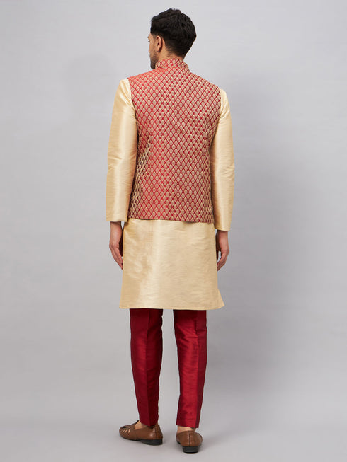 Vastramay Men's Maroon Silk Blend Ethnic Jacket With Gold Kurta and Maroon Pant Style Pyjama Set