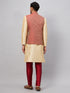 Vastramay Men's Maroon Silk Blend Ethnic Jacket With Gold Kurta and Maroon Pant Style Pyjama Set