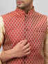 Vastramay Men's Maroon Silk Blend Ethnic Jacket With Gold Kurta and Maroon Pant Style Pyjama Set