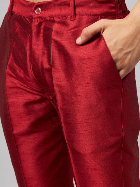 Vastramay Men's Maroon Silk Blend Ethnic Jacket With Gold Kurta and Maroon Pant Style Pyjama Set