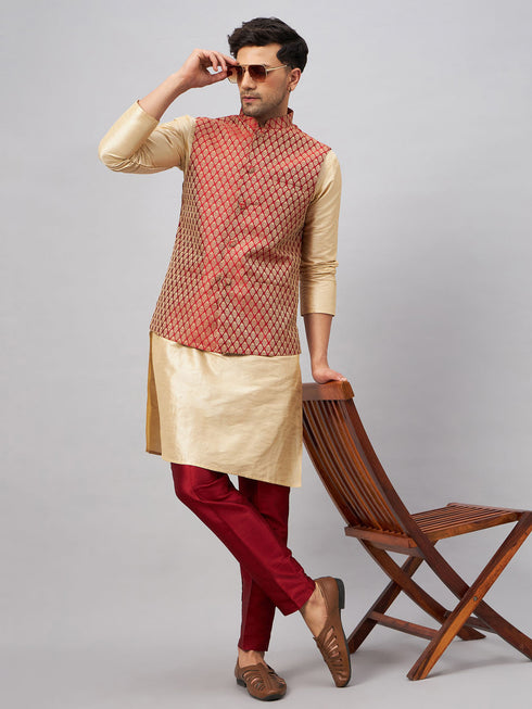 Vastramay Men's Maroon Silk Blend Ethnic Jacket With Gold Kurta and Maroon Pant Style Pyjama Set