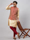 Vastramay Men's Maroon Silk Blend Ethnic Jacket With Gold Kurta and Maroon Pant Style Pyjama Set