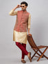 Vastramay Men's Maroon Silk Blend Ethnic Jacket With Gold Kurta and Maroon Pant Style Pyjama Set