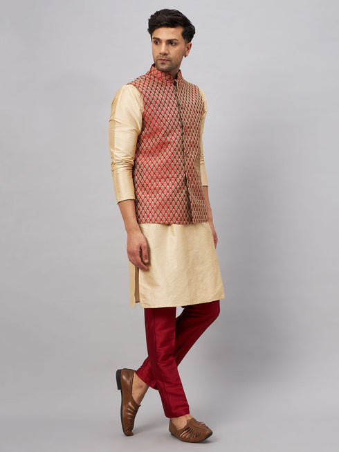 Vastramay Men's Maroon Silk Blend Ethnic Jacket With Gold Kurta and Maroon Pant Style Pyjama Set