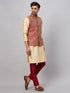 Vastramay Men's Maroon Silk Blend Ethnic Jacket With Gold Kurta and Maroon Pant Style Pyjama Set