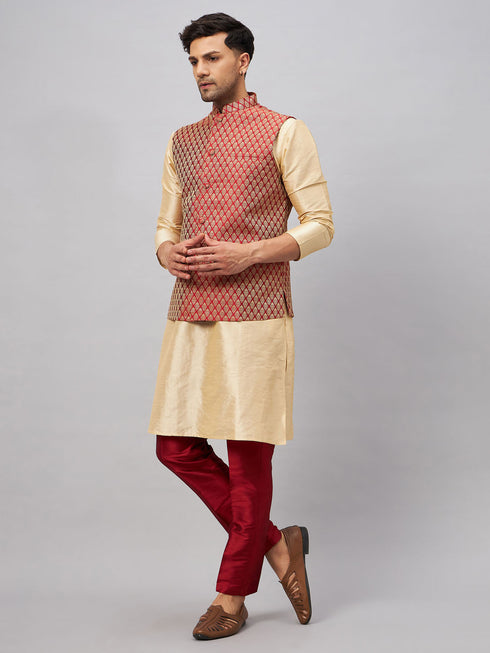 Vastramay Men's Maroon Silk Blend Ethnic Jacket With Gold Kurta and Maroon Pant Style Pyjama Set