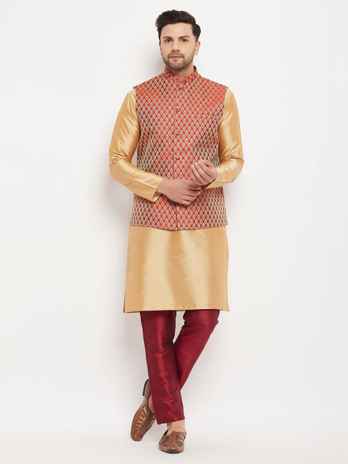 Vastramay Men's Maroon Silk Blend Ethnic Jacket, Rose Gold Kurta and Maroon Pant Syle Pyjama Set