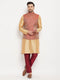 Vastramay Men's Maroon Silk Blend Ethnic Jacket, Rose Gold Kurta and Maroon Pant Syle Pyjama Set